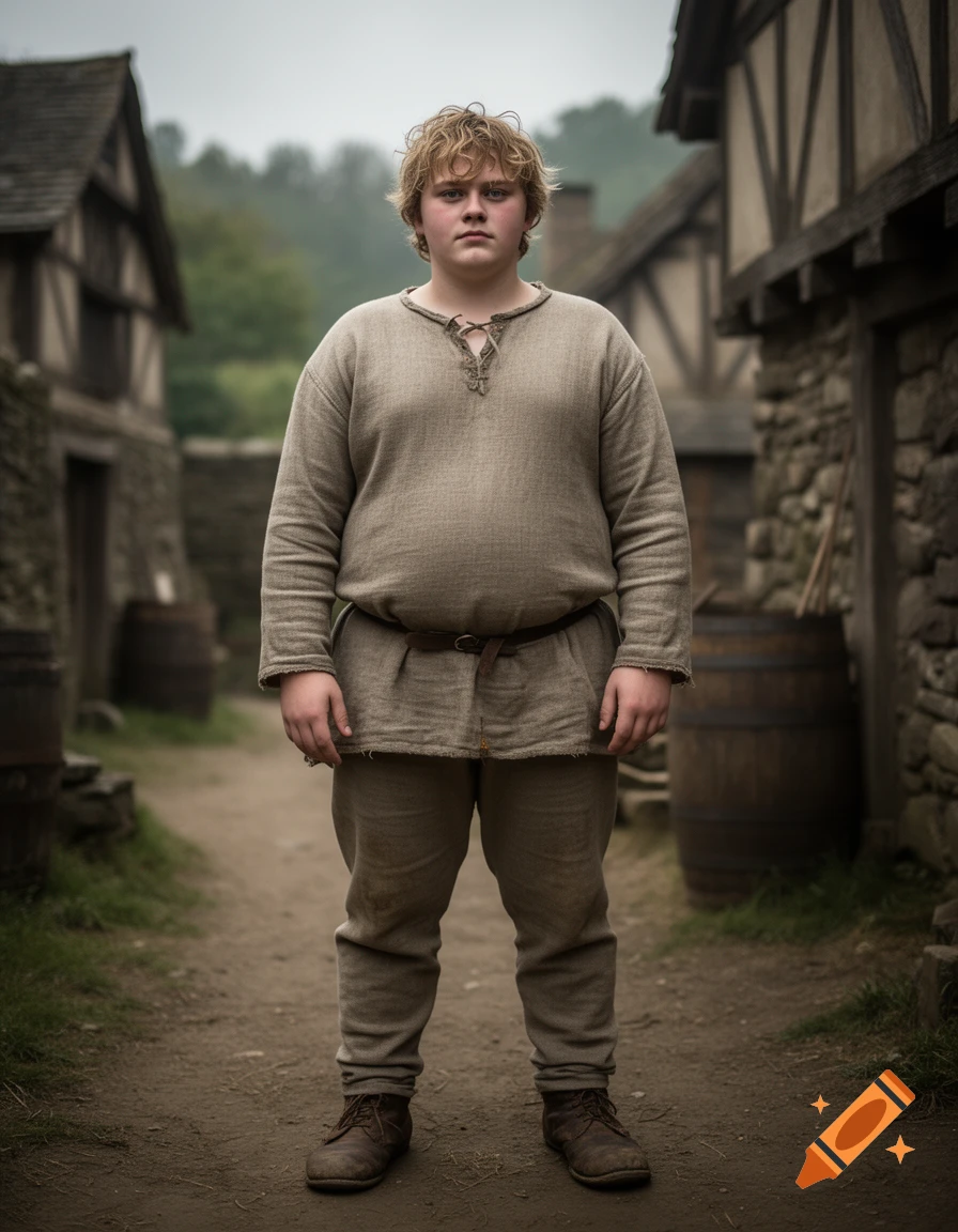 Photorealistic full-body portrait of a young, round-faced medieval boy with messy blonde hair and simple linen tunic standing on a dirt path between village houses.
