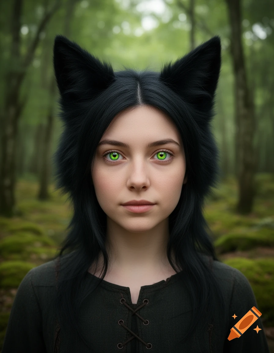 Photorealistic portrait of a black fox girl with bright green eyes in a forest setting