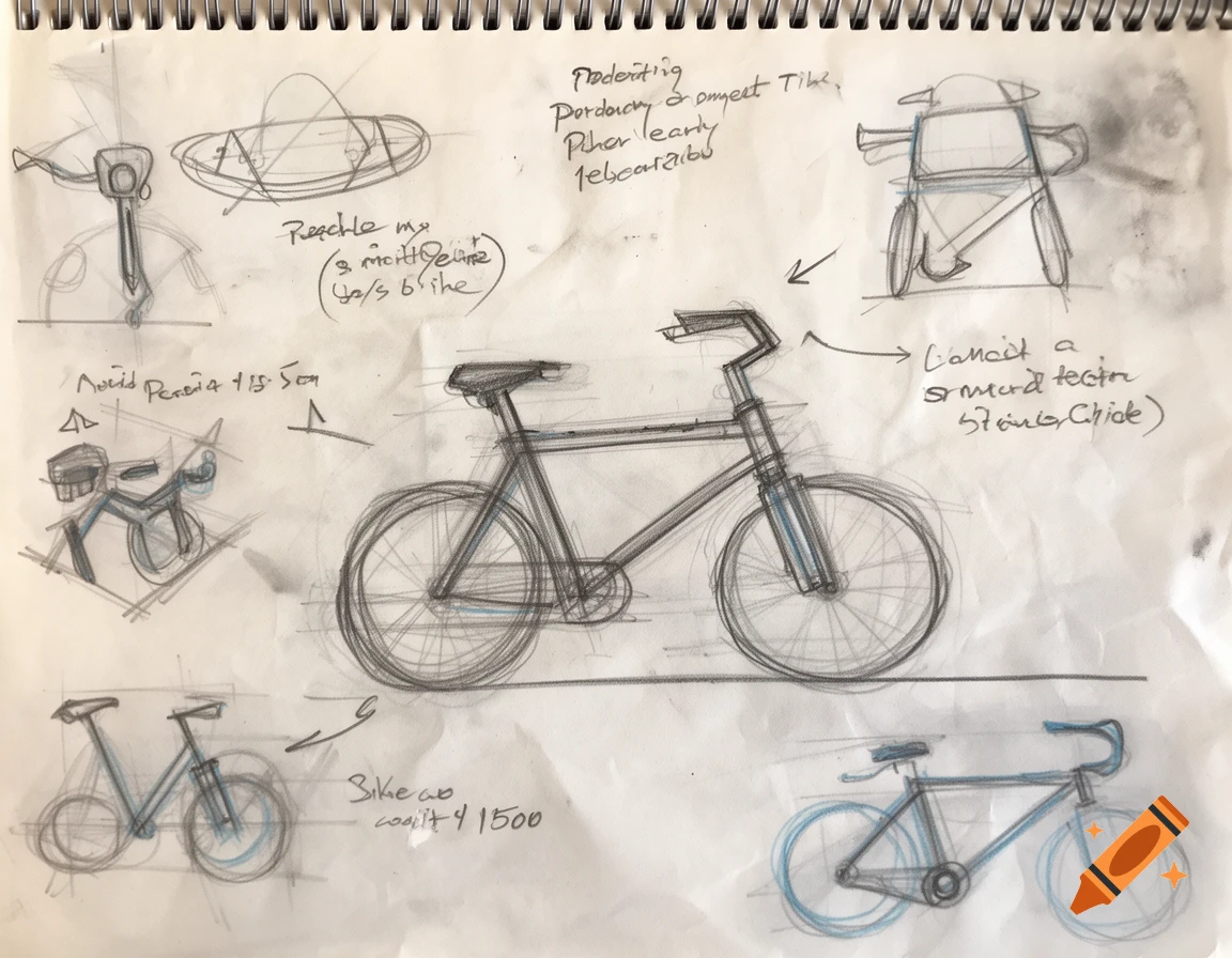 Rough pencil sketches of bicycle designs with handwritten notes on lined paper.