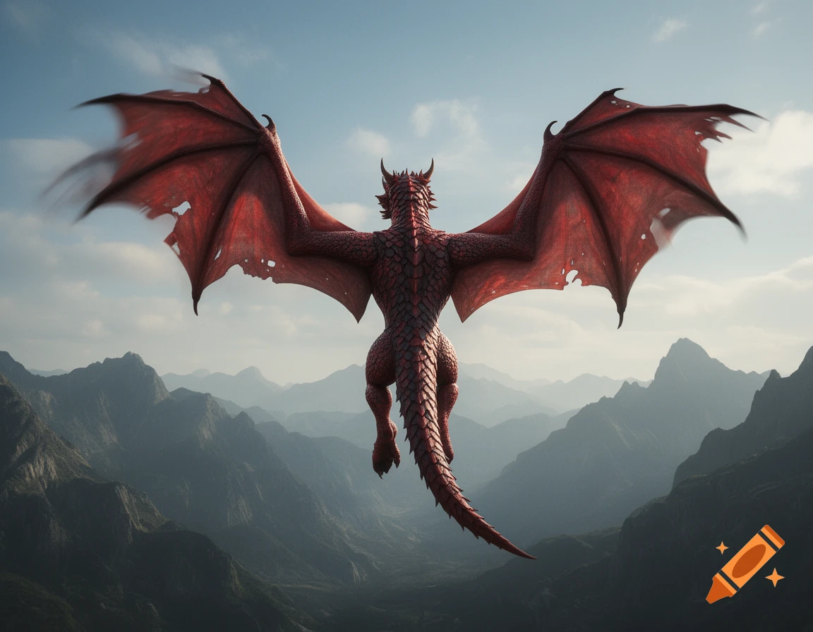 Photorealistic rear view of a red dragon with large wings flying over a mountain range.
