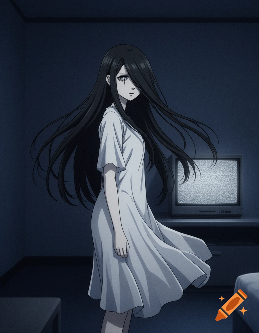 Anime style illustration of a pale J-horror ghost woman with long black hair wearing a white nightgown in a dark room with a static CRT TV.