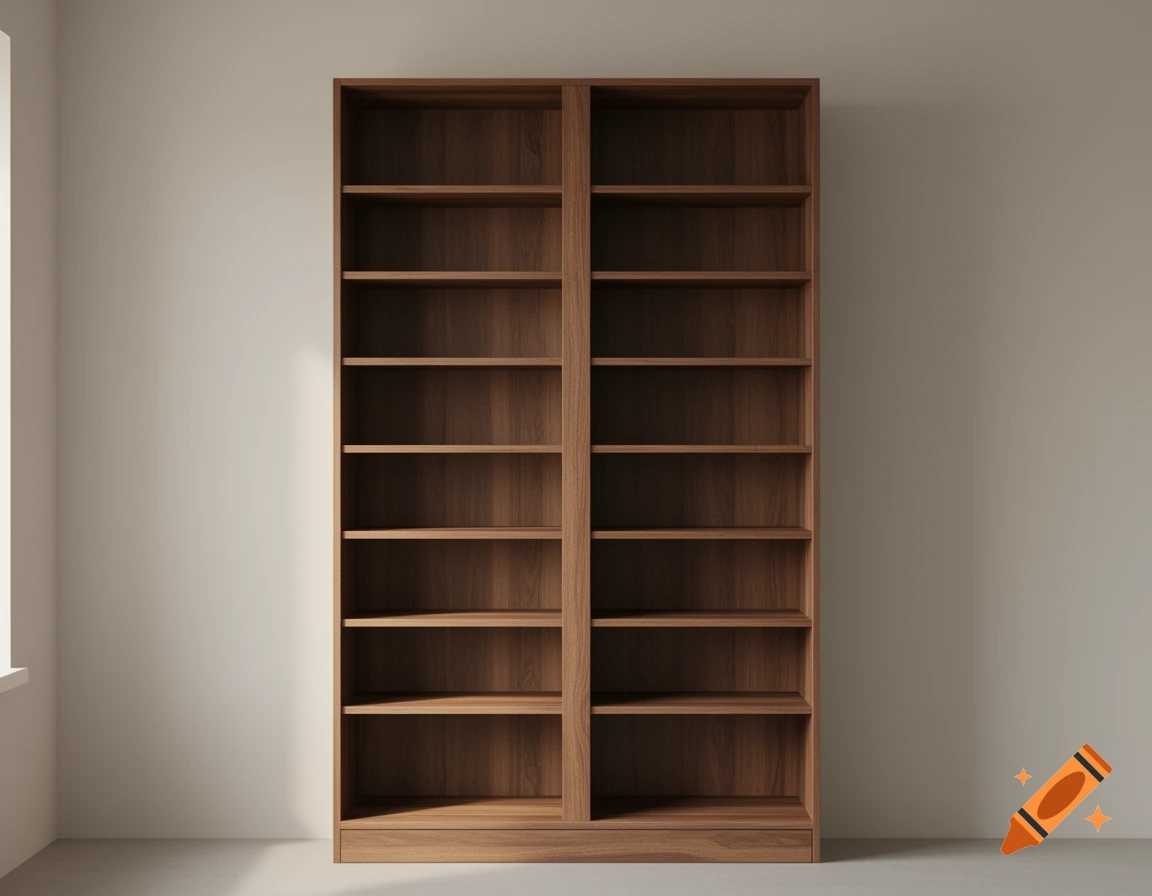 Photorealistic wooden bookshelf with two sections and multiple empty shelves against a plain wall.