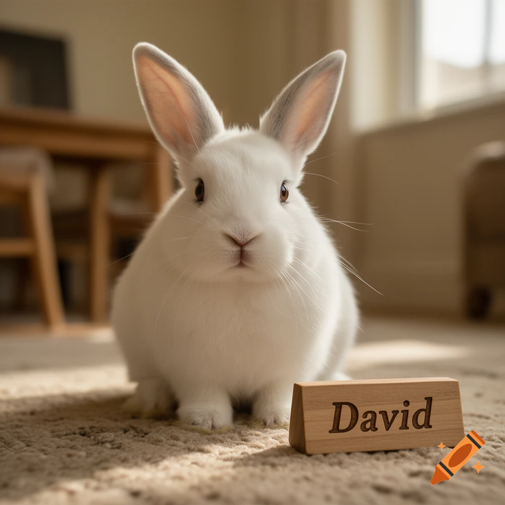Photorealistic white rabbit sitting on a carpet next to a small wooden block with the name David engraved on it.