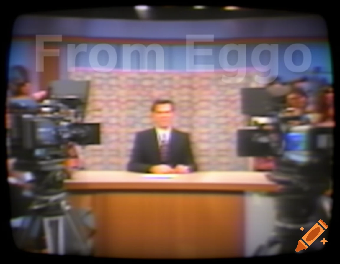 An old CRT television showing a 1990s news broadcast with a man at a desk and cameras on the sides, featuring the text 'From Eggo'.