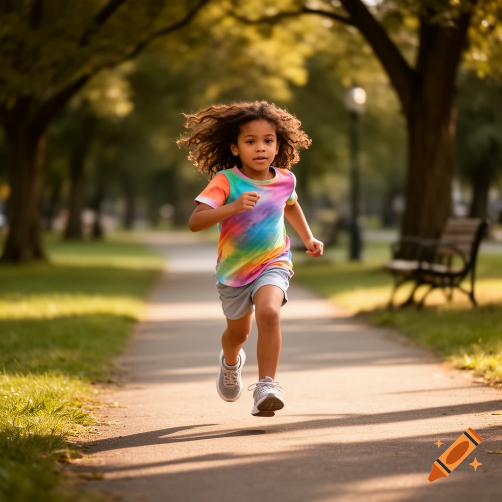 A young girl with curly hair running along a paved path in a park, wearing a tie-dye shirt and shorts.