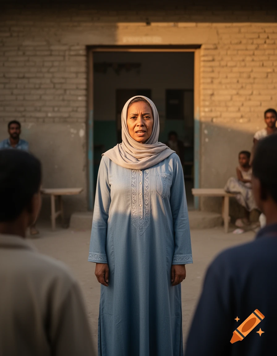 A middle-aged Muslim woman in a blue hijab and abaya standing outdoors, speaking passionately in front of children and a brick building.