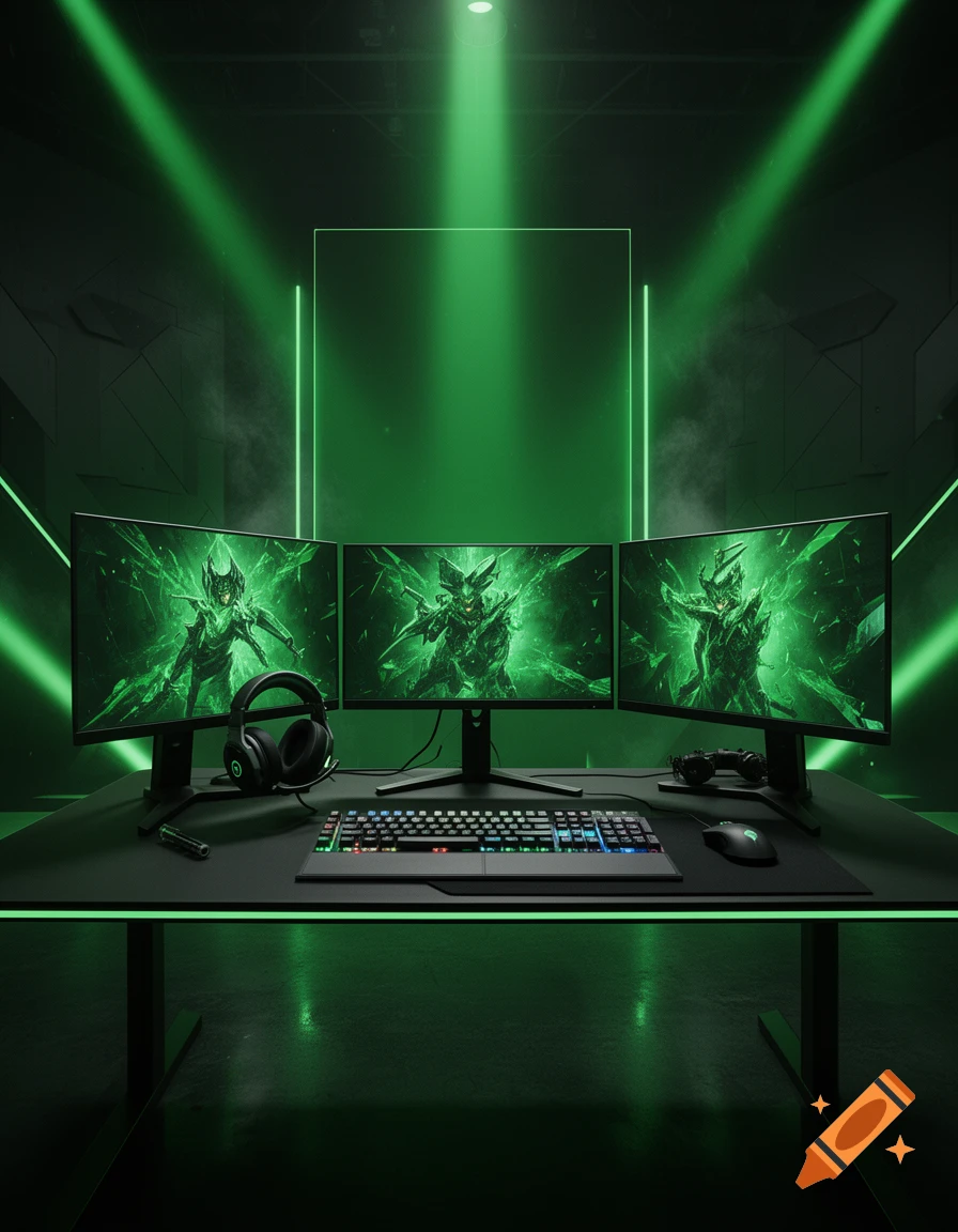 An esports gaming setup with three monitors, a mechanical keyboard, mouse, and headset on a dark desk under green spotlights.