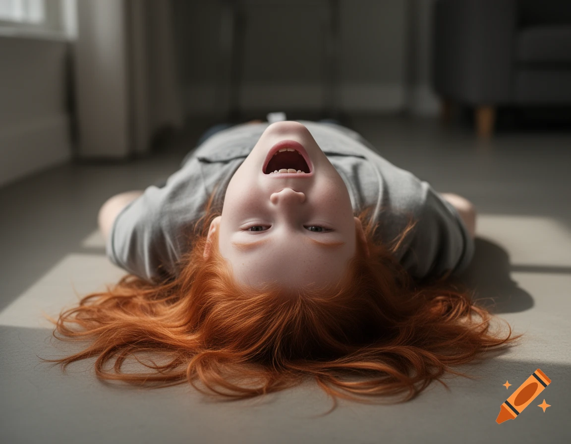 Photorealistic image of a young girl with red hair lying upside down on the floor, smiling with an open mouth.
