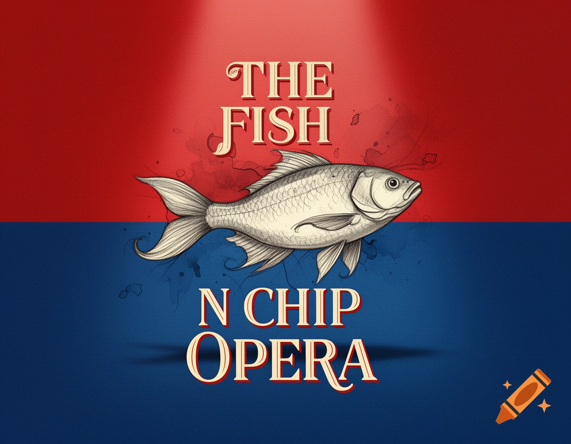 A poster with a red top half and a blue bottom half, featuring a detailed sketch of a fish and text that reads THE FISH N CHIP OPERA.