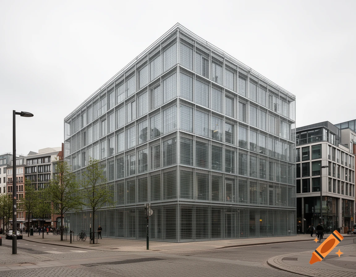 Photorealistic image of a modern urban building with wire mesh instead of glass walls, located on a city street corner.