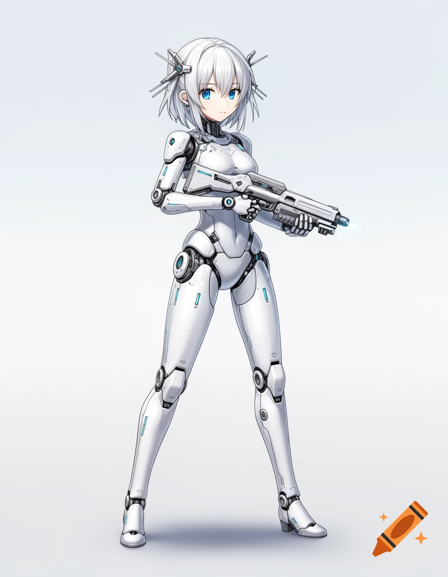 Anime-style white robotic girl standing with a gun against a simple background.