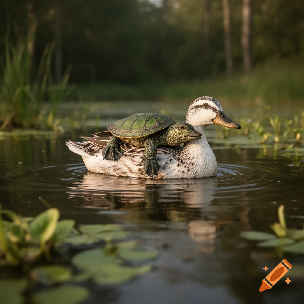 A photorealistic image of a turtle riding on the back of a duck floating in a pond.
