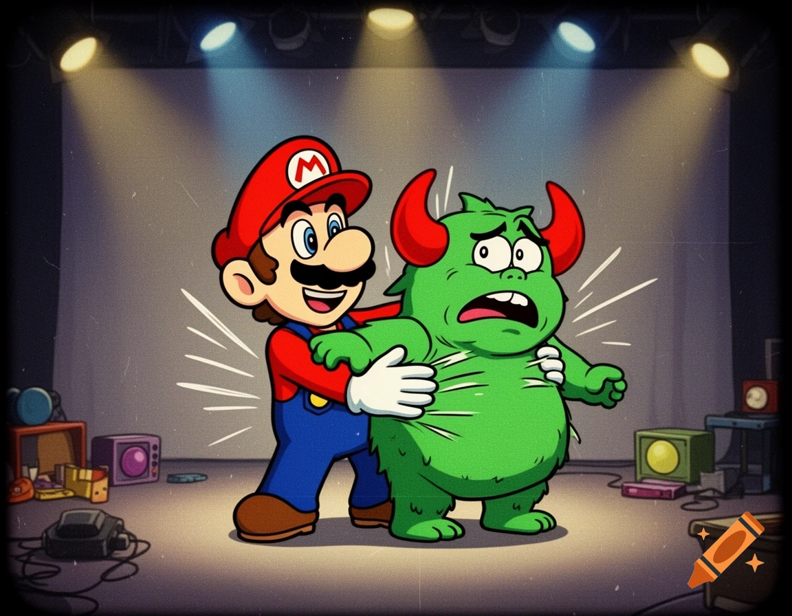 Cartoon illustration of Super Mario spanking a green horned monster on a stage with studio lights.