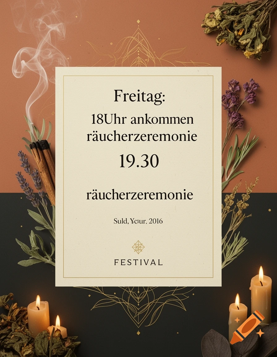 Festival flyer design with event details in German, surrounded by candles, dried herbs, and incense smoke on a brown and black background.