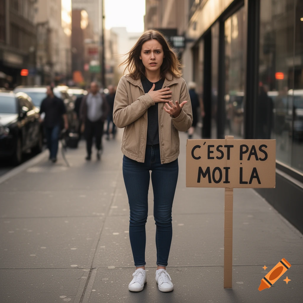 Photorealistic image of a young woman standing on a city sidewalk next to a sign that reads c est pas moi la.