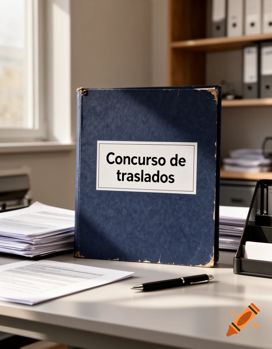 A blue folder labeled 'Concurso de traslados' stands upright on an office desk next to papers and a pen.