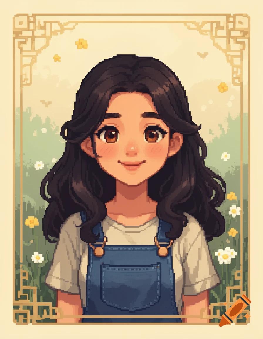 Pixel graphic portrait of a smiling girl with long dark wavy hair wearing blue overalls, set against a floral background with a decorative border.