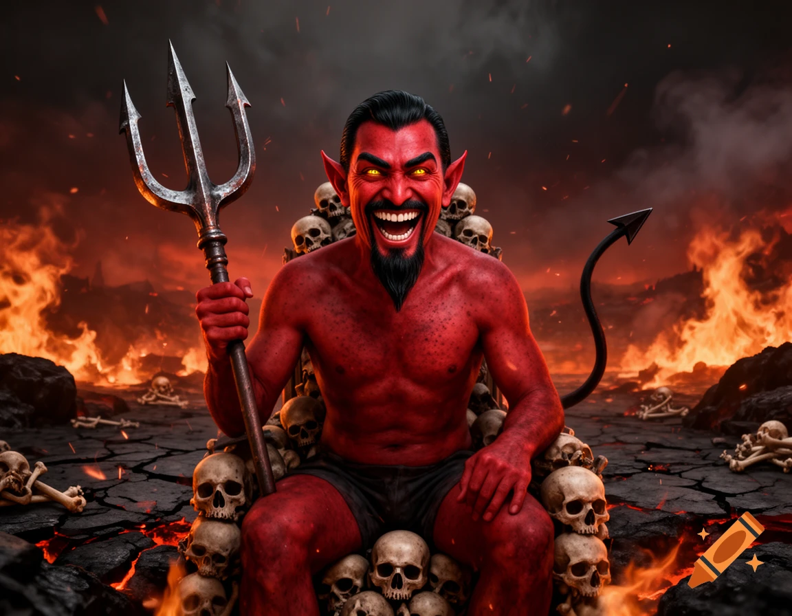 A smiling red devil with a black goatee and horns sitting on a throne of skulls in hell, holding a trident.