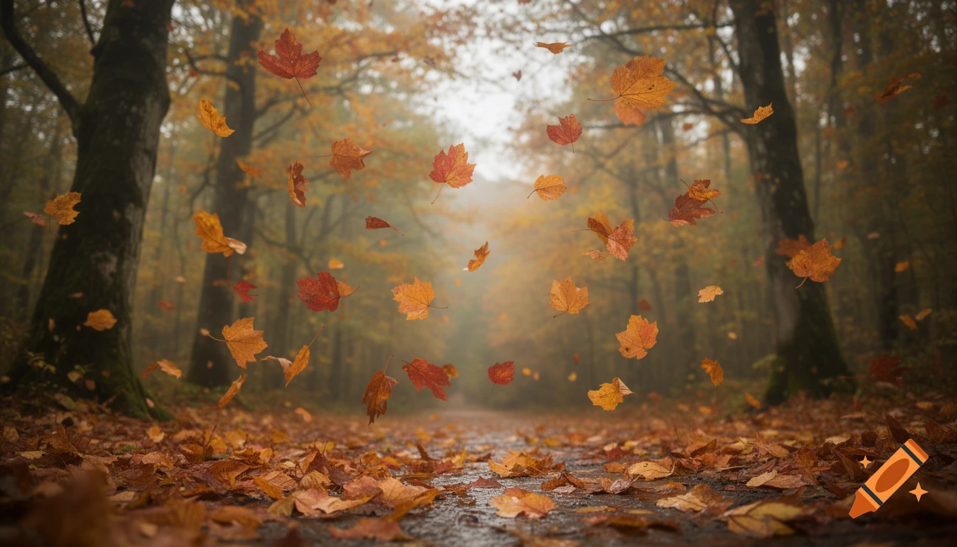 Photorealistic autumn forest path with falling orange and red leaves.