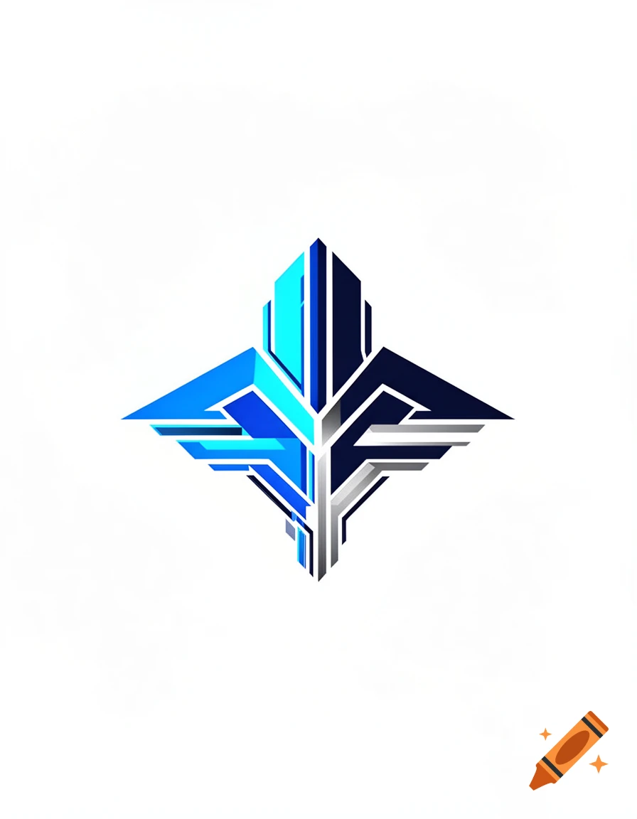 Futuristic abstract symmetrical geometric logo design in blue, black, and white on a plain background.