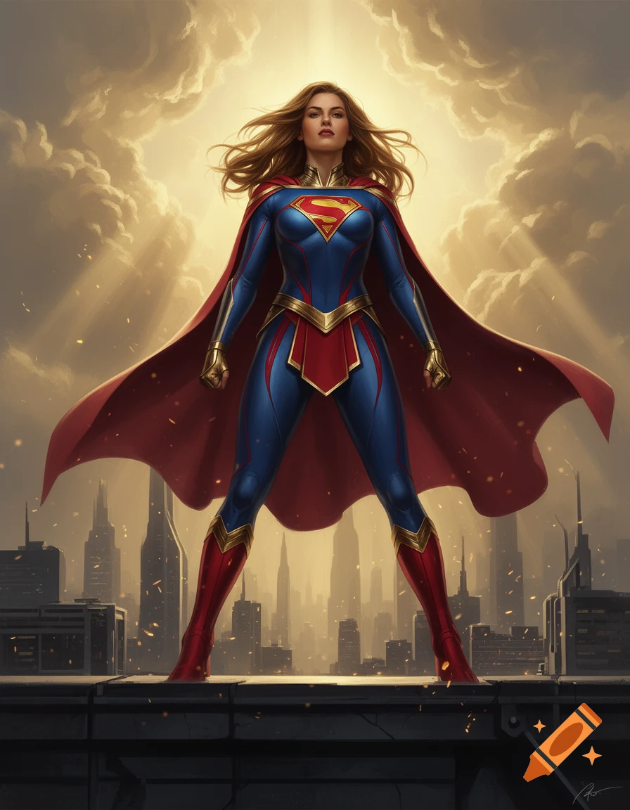 A full-body digital illustration of a female superhero in a blue and red suit with a red cape, standing triumphantly atop a skyscraper.
