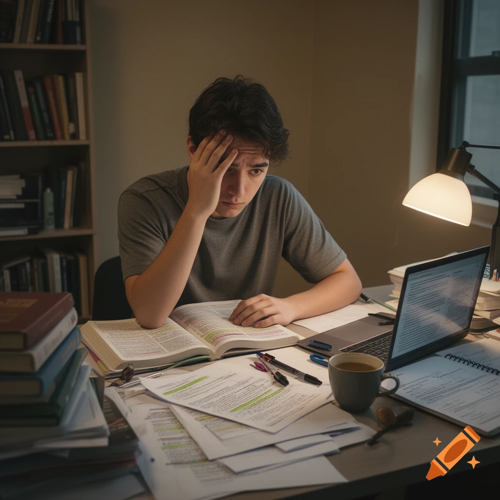 A stressed student studying late at night at a desk cluttered with books, papers, and a laptop under a desk lamp.