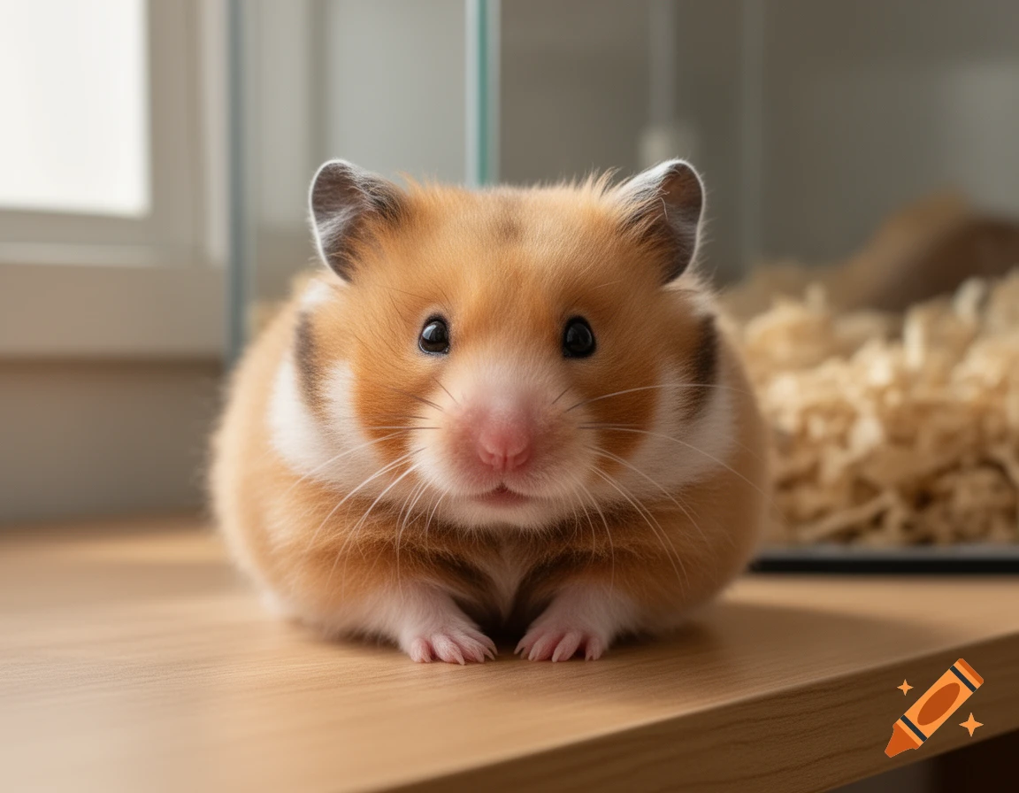 Close-up photorealistic shot of a fluffy golden hamster sitting on a wooden surface.