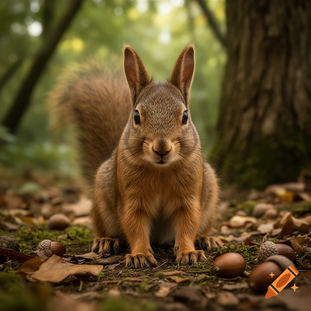 Photorealistic close-up of a hybrid creature with features of both a squirrel and a rabbit in a forest setting.