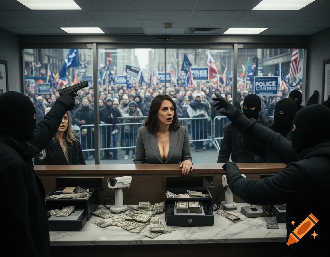 Photorealistic scene of a bank robbery in progress with armed robbers, a female teller, and a political rally visible through the window.