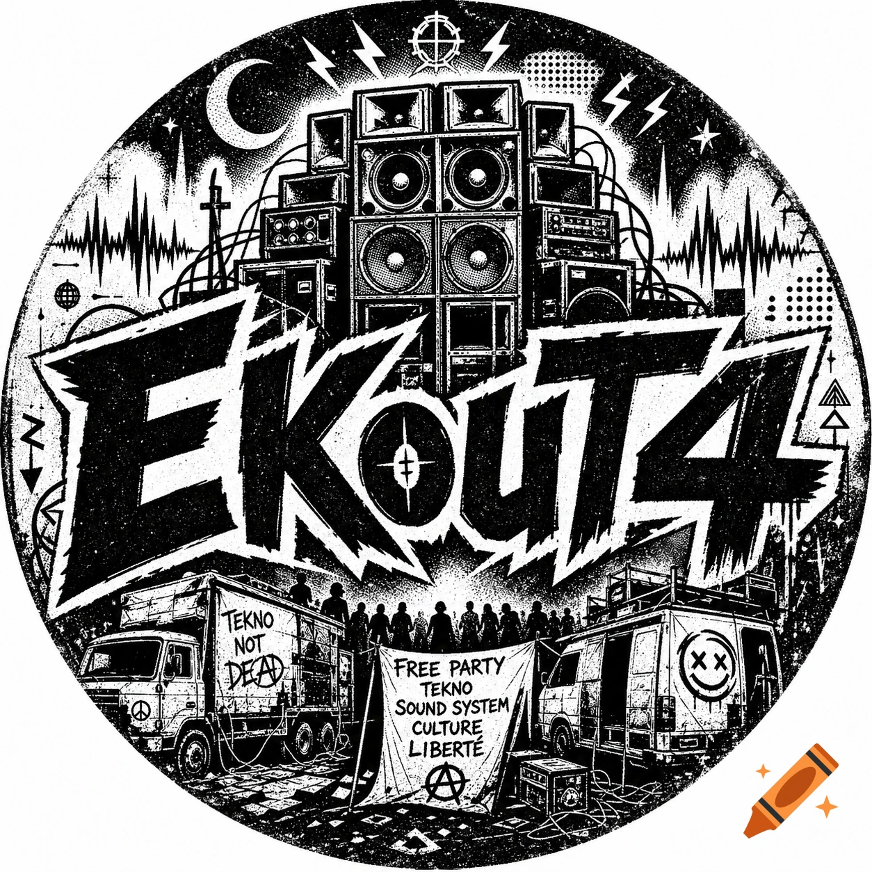 Black and white circular logo for an underground tekno producer featuring large 'EKouT4' text, soundsystem speakers, and party trucks in a flyer style.