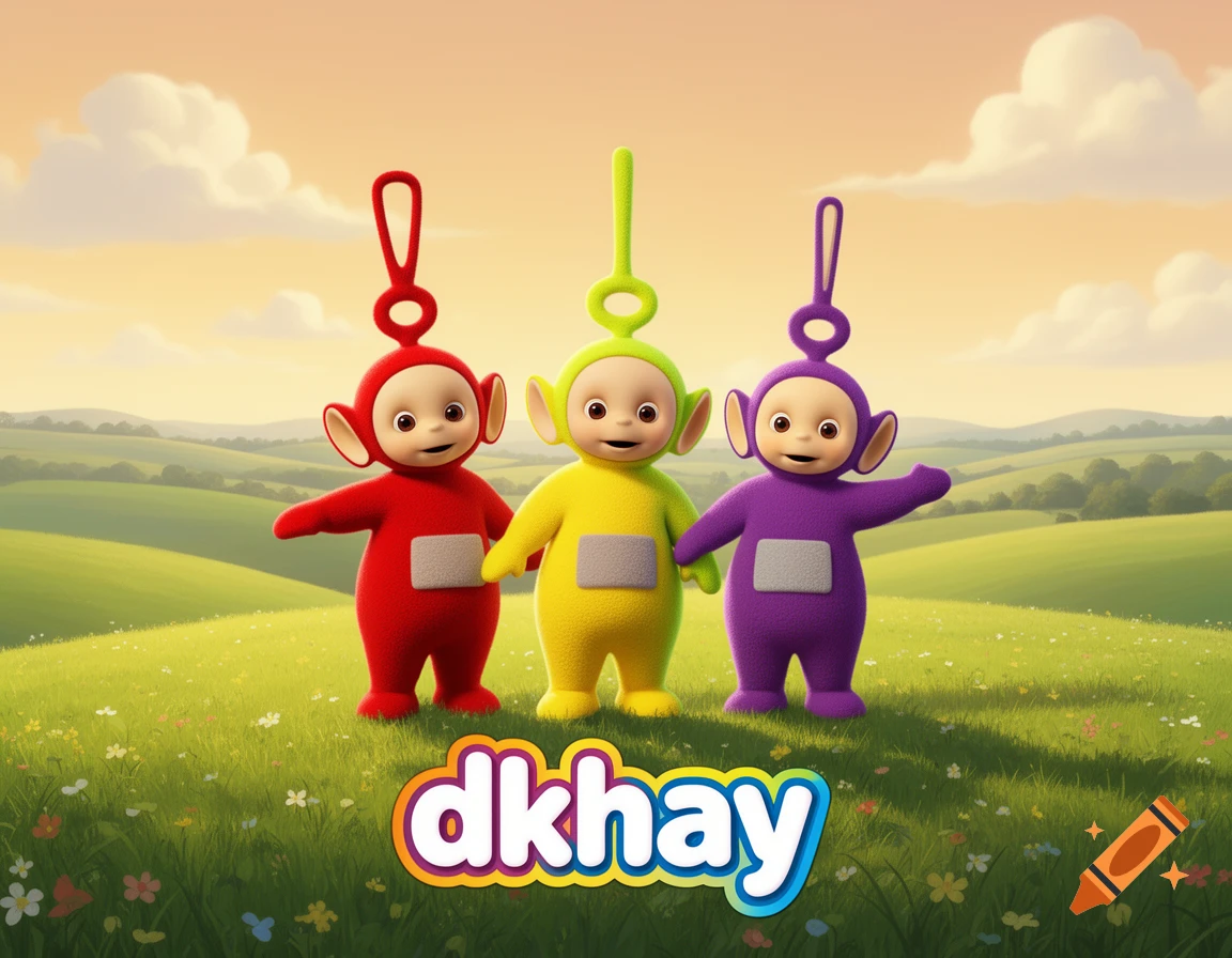 Three colorful Teletubbies standing on a grassy hill with the text dkhay at the bottom, digital art style.