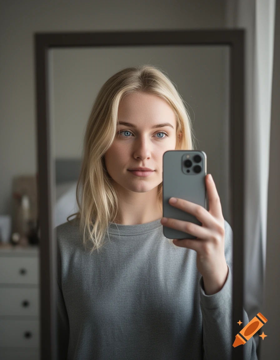 Photorealistic mirror selfie of a blonde woman with blue eyes holding a smartphone.