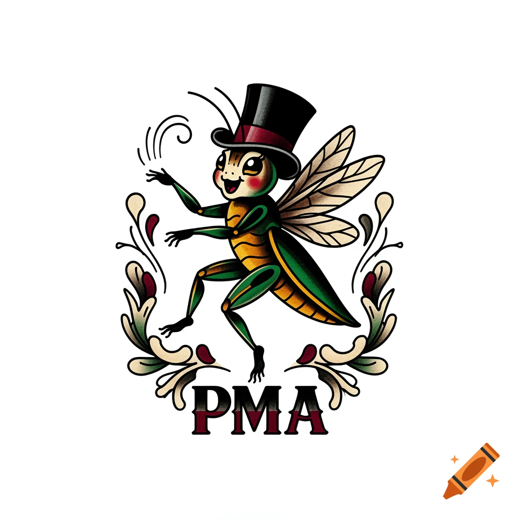 Traditional tattoo style illustration of a dancing cricket wearing a top hat, flanked by botanical elements, with the letters PMA below.