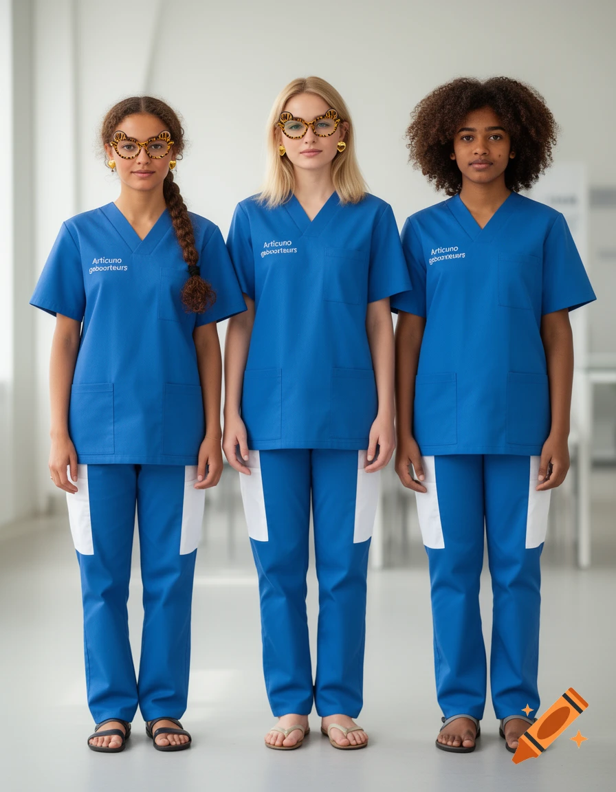 Three women standing side by side wearing blue medical scrubs and unique glasses, photorealistic.