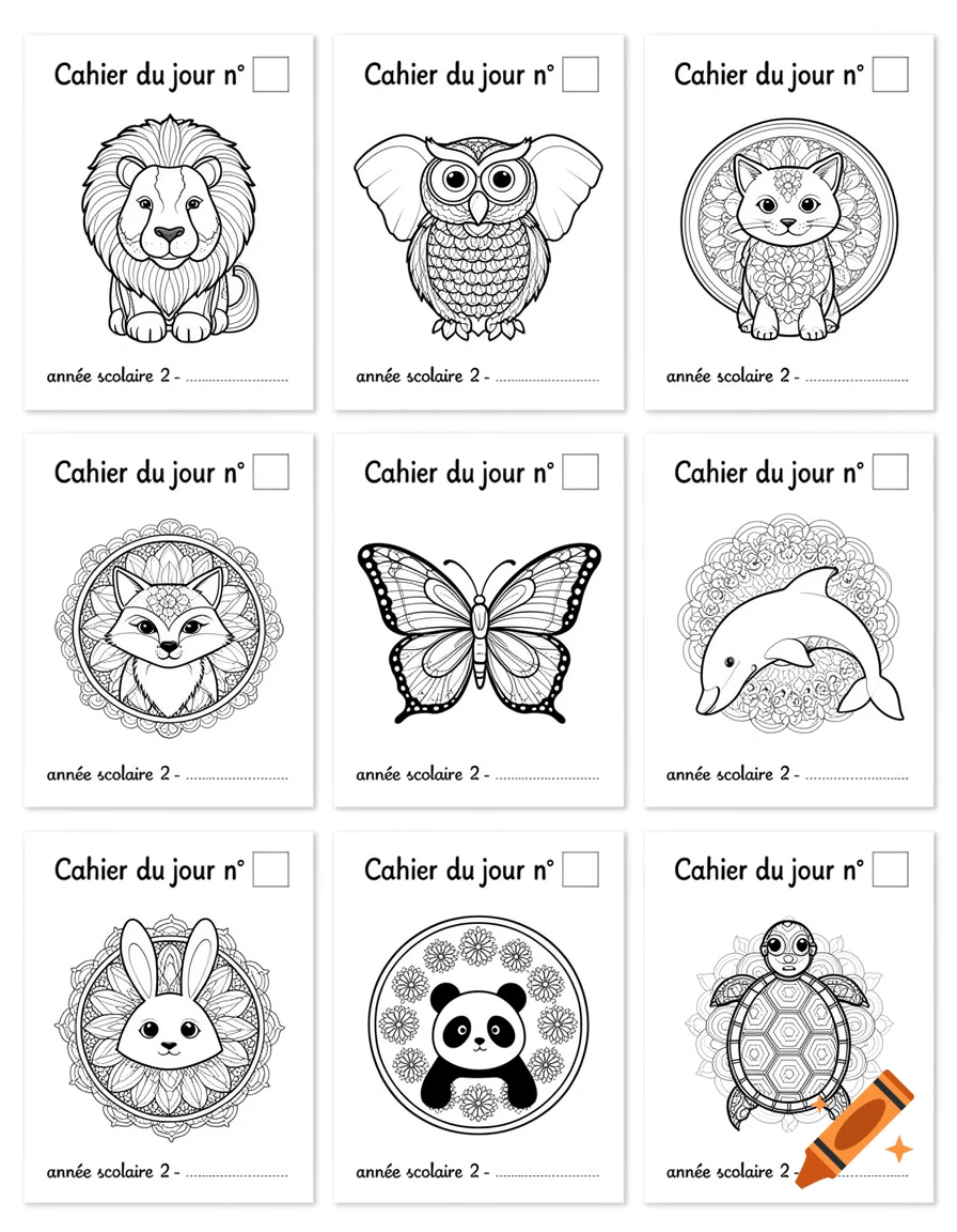 Grid of nine black and white coloring pages for school notebooks featuring animal mandalas.