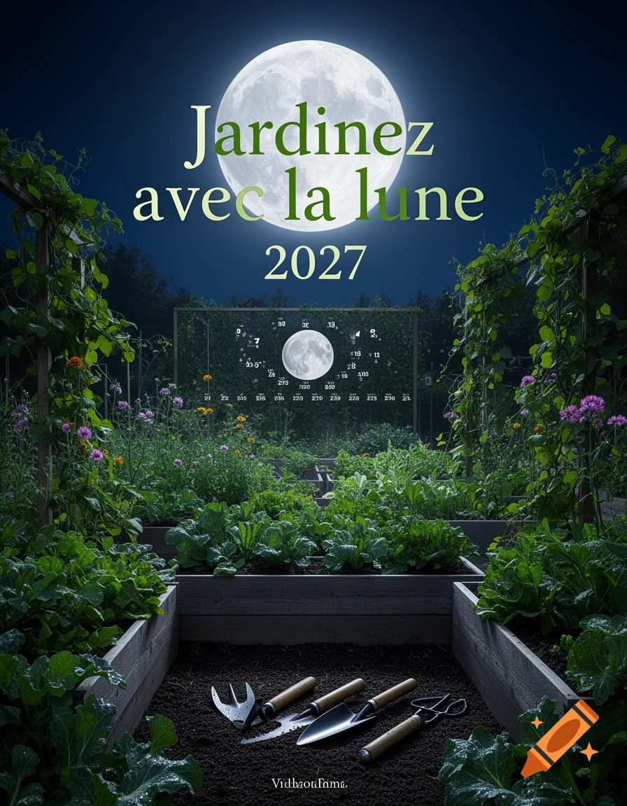 A poster with the text Jardinez avec la lune 2027 featuring a moonlit garden with raised beds and gardening tools in the foreground.