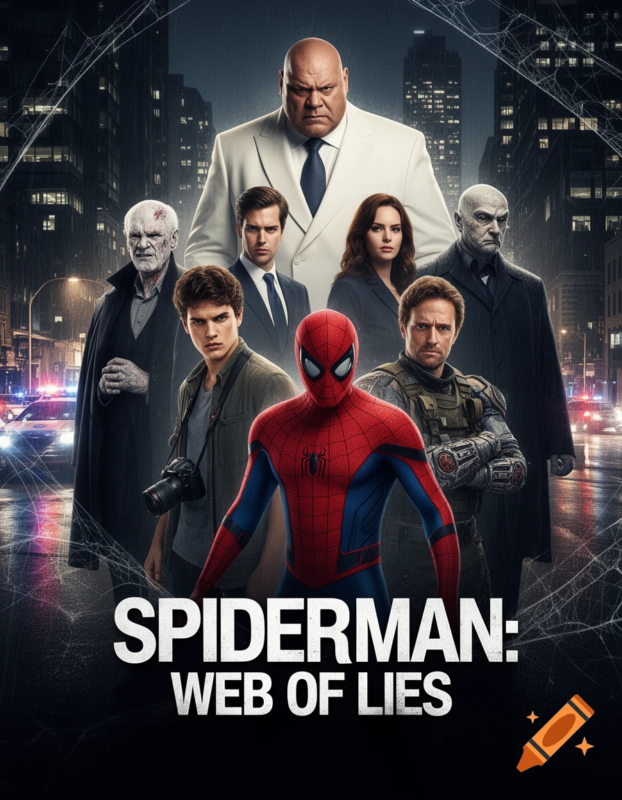 Live-action style movie poster for Spiderman: Web of Lies featuring Spiderman and characters from the franchise.