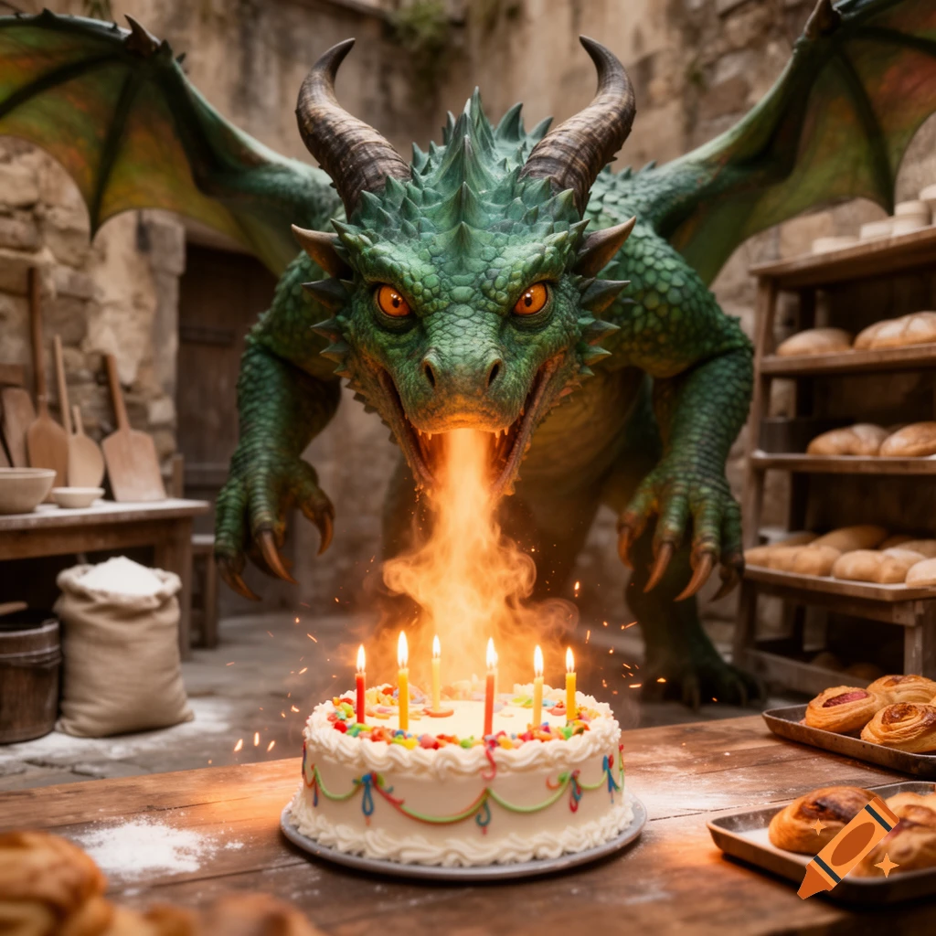 A green dragon with horns breathes fire onto a birthday cake with candles inside a medieval bakery.