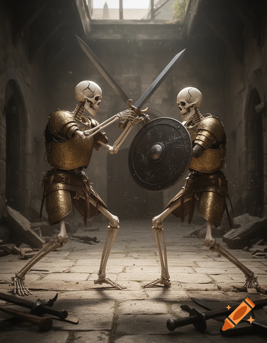 Two skeletons in golden armor fighting with swords and a shield in a stone dungeon, photorealistic style.