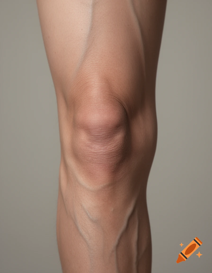 Close-up photorealistic image of a human knee and lower leg showing skin texture and veins.