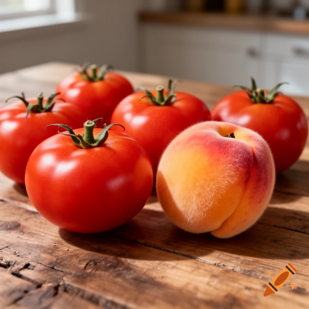 Photorealistic close-up of fresh red tomatoes and one fuzzy peach on a wooden table.