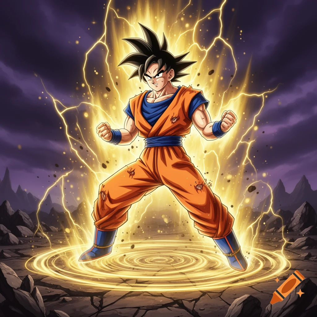 Anime style illustration of Goku powering up with glowing yellow energy and lightning effects on a rocky ground.