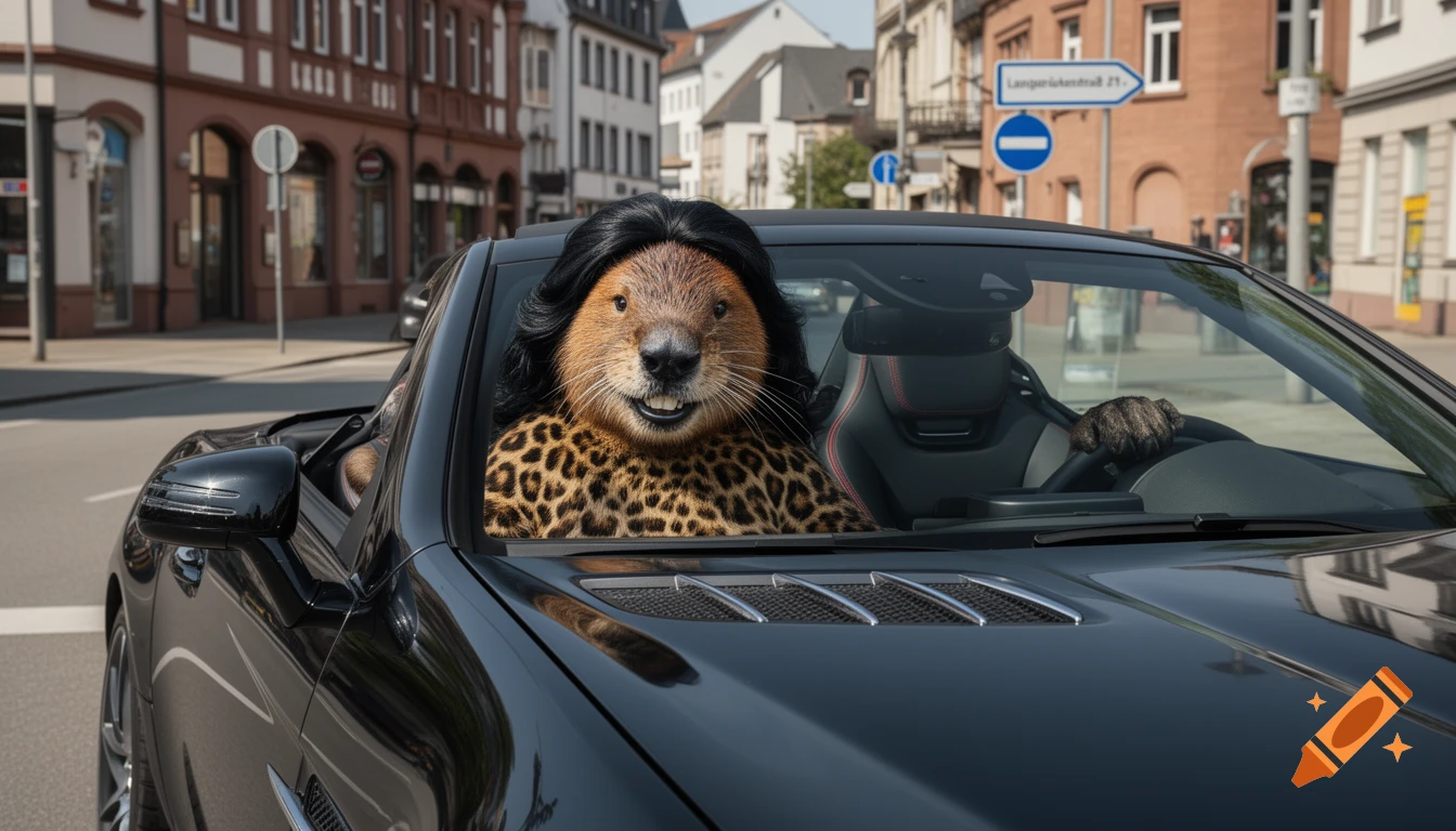 An anthropomorphic beaver with black hair and leopard fur driving a black convertible through a European town.