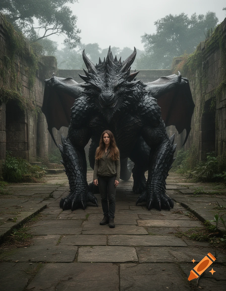 Photorealistic image of a brown-haired woman standing in front of a massive black scaly dragon on a stone walkway in an ancient ruin.