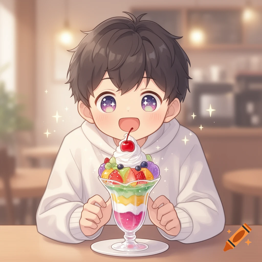 Anime illustration of a cute young man eating a large fruit parfait with sparkling eyes in a cafe.