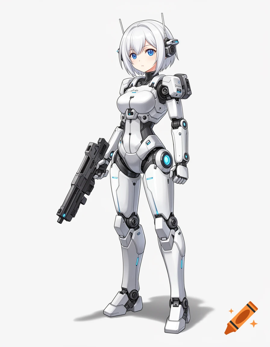 Anime-style reference sheet of a white-haired robot girl in white armor holding a gun.