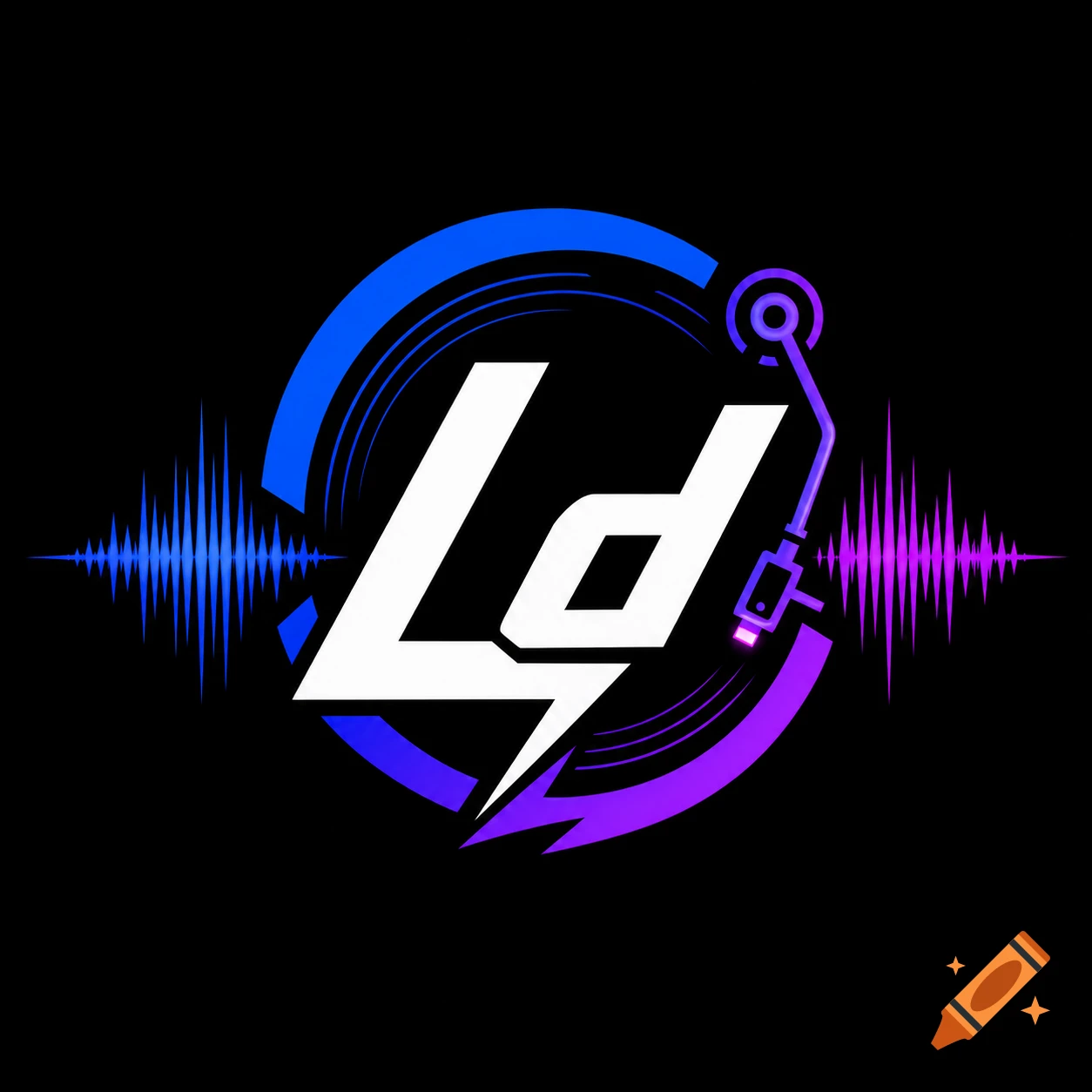 Digital DJ logo featuring the letters Ld with a turntable arm and blue and purple sound waves on a black background.