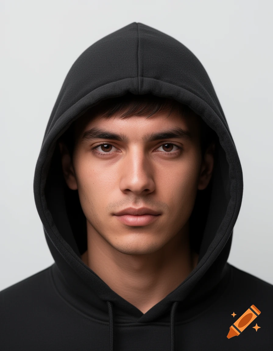Photorealistic close-up portrait of a young man wearing a black hoodie pulled down over his head, looking directly at the camera.