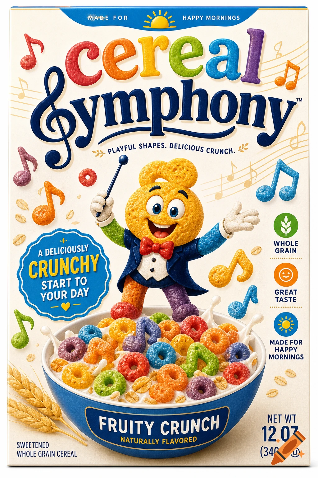 A colorful cereal box design for Cereal Symphony featuring a musical mascot, blue bowl of fruit cereal, and musical notes.