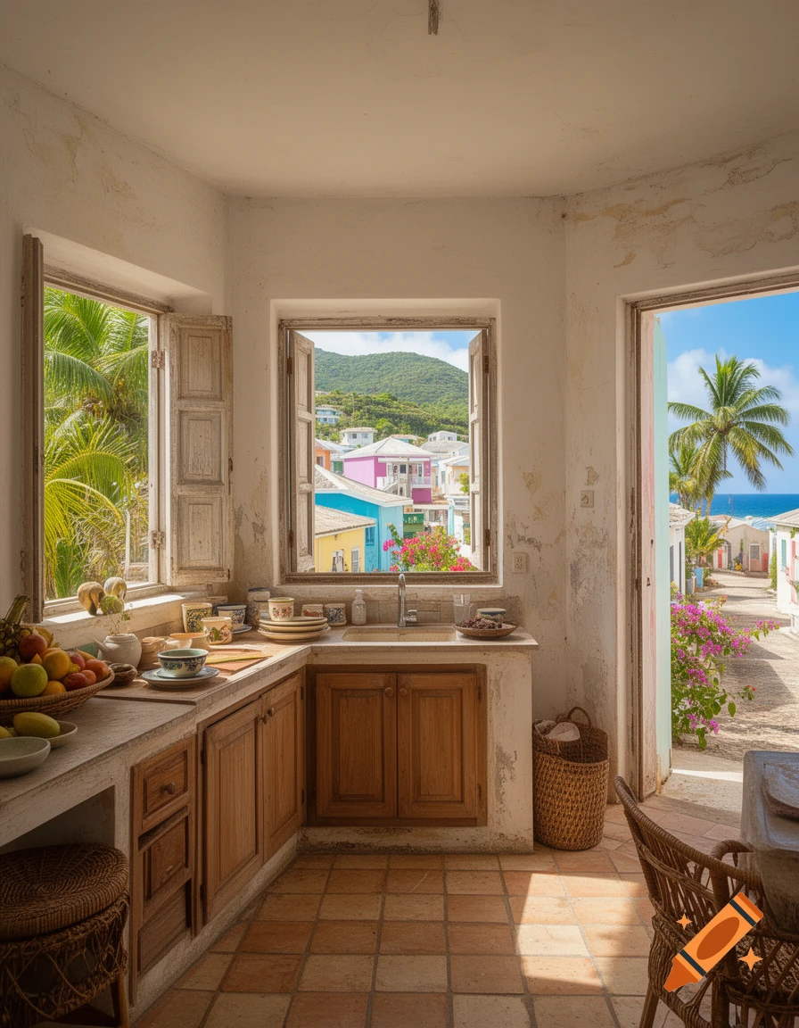 Photorealistic view from inside a tropical kitchen with open windows and a door showing a colorful coastal town.